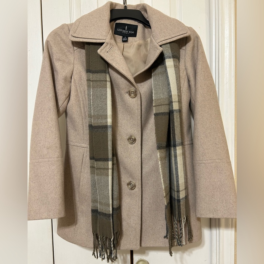 London Fog wool blend Beige Pea Coat with Plaid Scarf